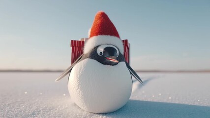 Cute penguin wearing red santa hat carrying christmas gift box snowy landscape clear sky, joyful holiday atmosphere, festive winter celebration, sunlight reflecting snow, adorable animal enjoying - Powered by Adobe