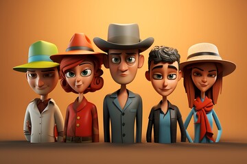 Group of animated characters dressed in Western attire, posing against a warm gradient background