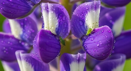 Vibrant Purple Lupine Flowers Adorned with Fresh Raindrops.
