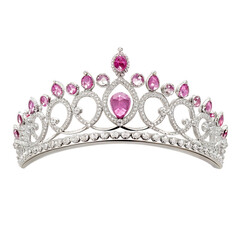 Elegant silver tiara with pink gemstones and sparkling diamonds isolated on transparent background