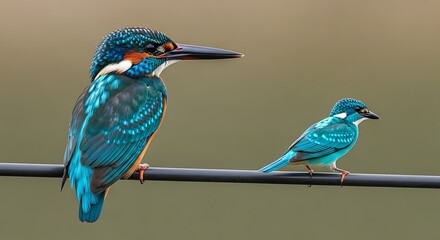 Two beautiful kingfisher birds perched on a wire.
