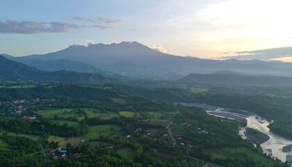 Fototapeta premium Panoramic aerial view of a valley with mountains