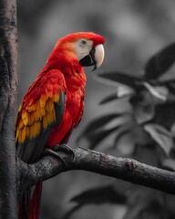 Fototapeta premium Selective color close up of macaw perched tree branch vivid red and yellow feathers highlighted against grayscale jungle