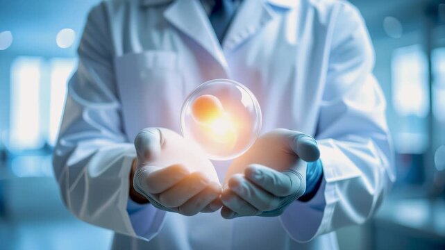Doctor in lab coat and gloves holding a glowing human embryo inside a transparent sphere, symbolizing in vitro fertilization process, fertility treatment, and reproductive medical science.