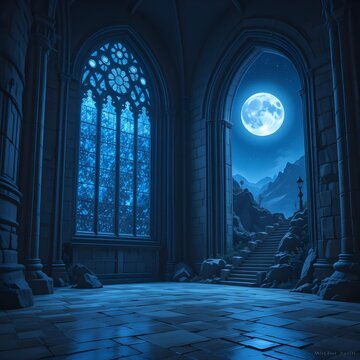 The interior of a dark gothic castle with a large stained-glass window and a doorway opening to a magical moonlit landscape. A mysterious and romantic fantasy scene.
