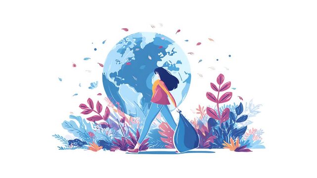 Woman Cleaning Up Planet Earth, Environmental Conservation Illustration