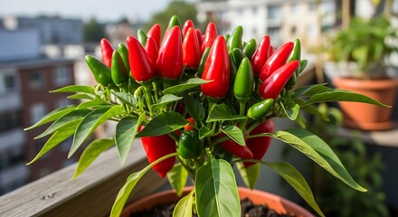 Vibrant Red and Green Chili Peppers on a Potted Plant.