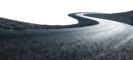 Winding asphalt road curving through hills perspective, isolated on transparent cutout background