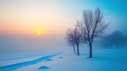 Sunrise through fog over snow-covered landscape with bare trees.