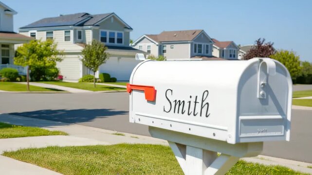White mailbox with red flag on suburban lawn