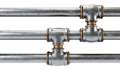 Industrial metal pipes connected with joints forming frame border, isolated on transparent cutout background
