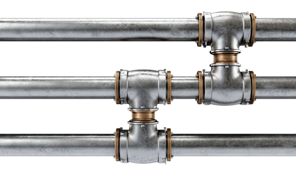 Industrial metal pipes connected with joints forming frame border, isolated on transparent cutout background