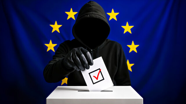 Hacker Casting Ballot into Voting Urn, European Union Flag Background  