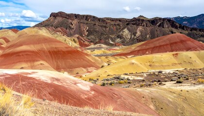 Colorful hills, vibrant hues of red, yellow, and tan, layered landscape, mountainous backdrop, patchy vegetation