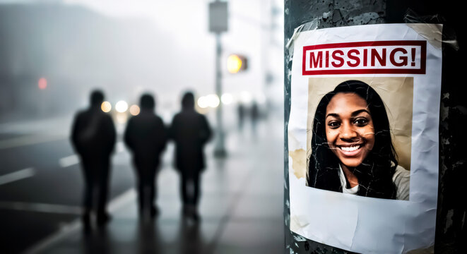 Black Woman Missing Person Weathered Poster on Street Lamp Pole, Walking Pedestrians in Blurred Background	