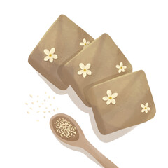 Delicious Dessert Squares with Sesame Seeds and Flower Decoration