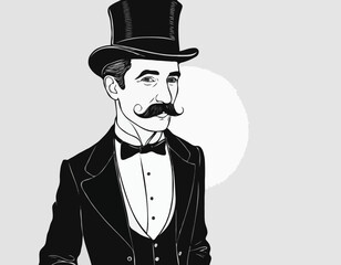 Portrait of an English gentleman with a mustache in a suit and top hat hand drawn sketch Illustration.