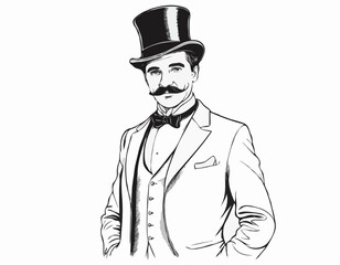 Portrait of an English gentleman with a mustache in a suit and top hat hand drawn sketch Illustration.