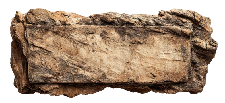 Rough stone slab with flat central surface, isolated on transparent cutout background