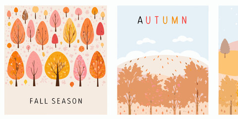 Vibrant autumn trees and falling leaves in a stylized seasonal landscape illustration