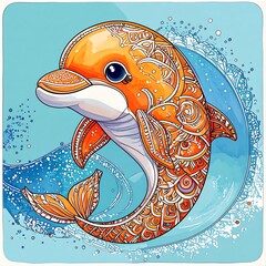 Orange dolphin, ornate design, light teal background, stylized waves