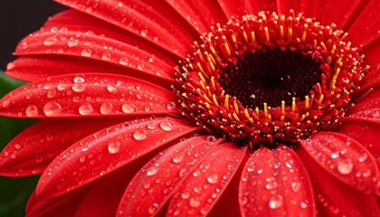 Close-up of a vibrant red gerbera daisy with water droplets