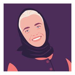 Vector portrait of a happy Slavic woman in traditional village attire. She is smiling, wearing a headscarf. Rural culture and folk traditions of Eastern Europe and Scandinavia. Flat illustration