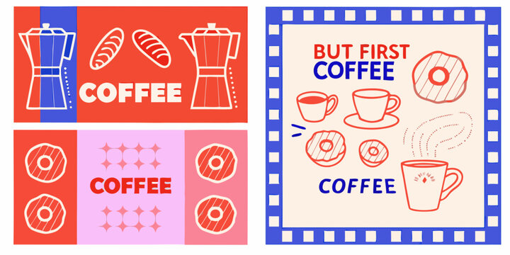 Fun hand drawn coffee and donut illustrations with bold colors and retro style - Powered by Adobe