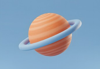 A cute 3D cartoon planet with a blue ring. Children's education and astronomy concept. A stylized orange planet floating in a minimal blue space background.