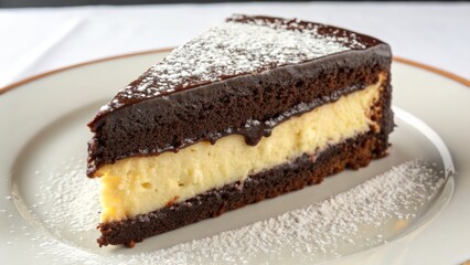 Delicious chocolate layer cake with cream filling and powdered sugar