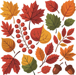 Vibrant autumn leaves and berries collection in a flat design style