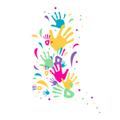 Fototapeta premium Colorful Handprints and Splashes on a Light Background, Perfect for Celebration, Diversity, and Creative Concepts.