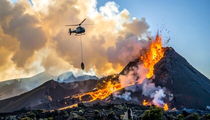 Helicopter fighting volcano eruption