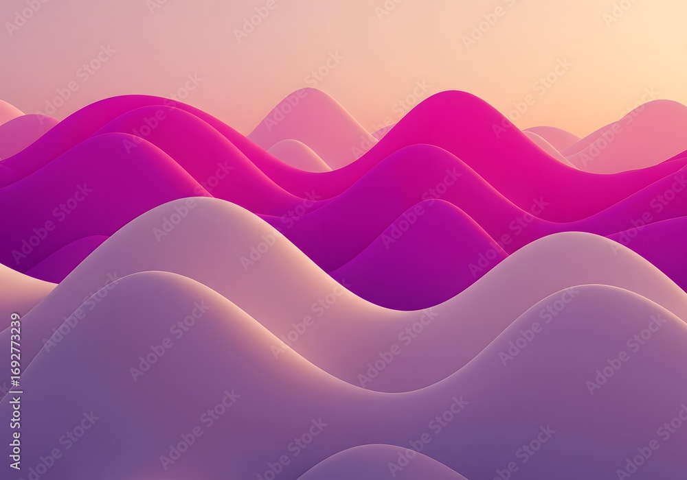 Poster Abstract landscape of smooth rolling purple hills. Serene and minimal background concept. A 3D render of a surreal desert with pink and violet waves at dusk.