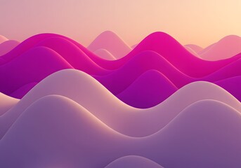 Abstract landscape of smooth rolling purple hills. Serene and minimal background concept. A 3D render of a surreal desert with pink and violet waves at dusk.