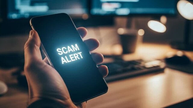 Beware of Online Scams: A Hand Holding a Smartphone with a Scam Alert Message