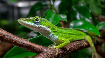 Fototapeta premium Bright green lizard resting on a branch surrounded by lush greenery in a vibrant habitat during daylight hours