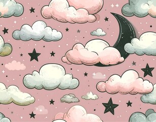 Pastel clouds, stars, and moon pattern on pink