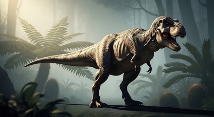 Tyrannosaurus Rex Dinosaur in Lush Prehistoric Jungle.