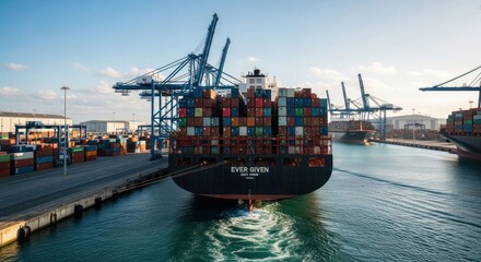 Fototapeta premium Cargo ship at dock, laden with containers, cranes overhead