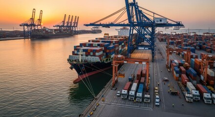 Cargo ship docked at port at sunrise. Cranes and trucks