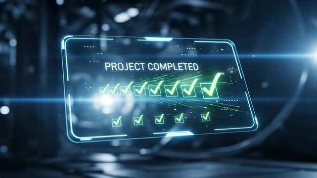 Project Completion Notification Interface with Glowing Checkmarks on Futuristic Display