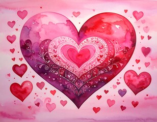 Watercolor heart, layered design,  many small hearts