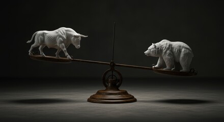 Figurines on Scales White Bull and Bear Sculpture Balance on Metal Scale Finance Concept