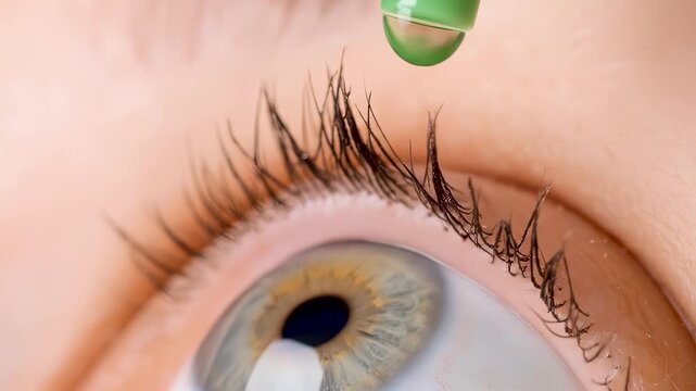 Close up of patient applying eye drop for glaucoma treatment. Medical ophthalmology care, eye health, dry eye relief, and vision protection concept, vertical format