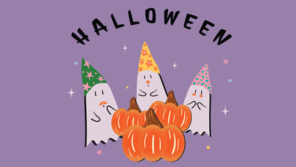 Cute Halloween ghost illustration with pumpkins, kawaii spooky characters, cartoon design on  background