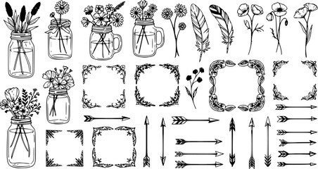 Set of Hand Drawn Mason Jars, Wildflowers, Feathers, Corner Frames and Arrows. Vector Illustration Bundle for Boho and Rustic Design
