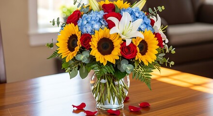 Vibrant Mixed Flower Bouquet on a Wooden Table.