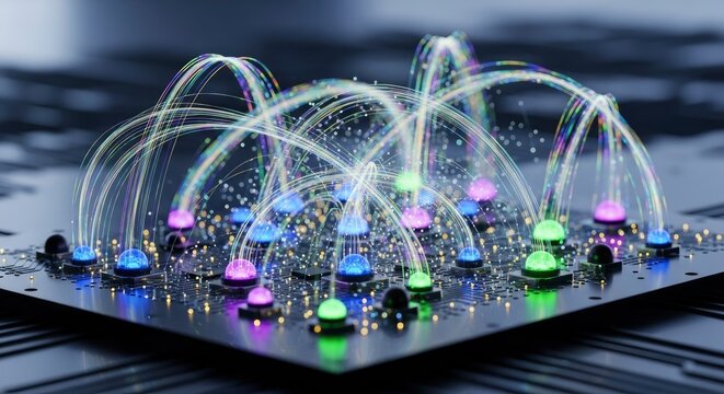 A dark circuit board featuring numerous glowing multicolored nodes interconnected by bright arcing light trails and surrounded by scattered luminous dots - Powered by Adobe