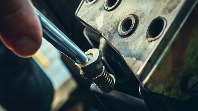 Tightening bolts on metal surface of industrial machine using screwdriver, close up mechanic hand repairing equipment, maintenance service and engineering concept, technical workshop tool operation fo